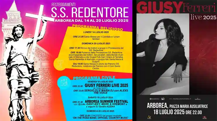 Festa SS Redentore Arborea 2025, programma con concerto Giusy Ferreri | Sardegna in blog